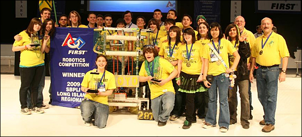 Picture of William Floyd High School's winning Robot Team 287, with mentors