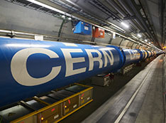 Photo of chain of LHC dipole magnets inside the LHC tunnel
