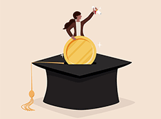 Illustration of a woman emerging from an academic mortar board
