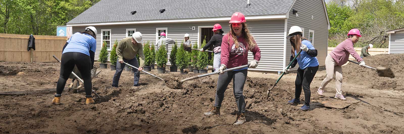 photo of people digging with shovels, plantgin trees in a new habitat home