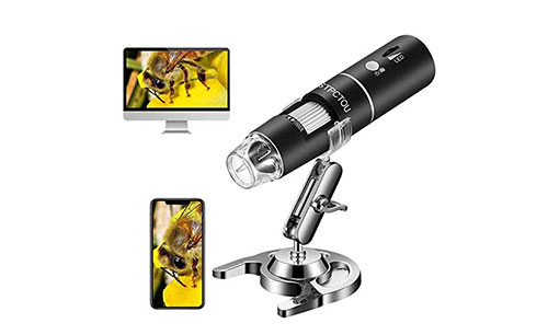 photo black and chrome microscrope with inset imagges of a bee on a computer desktop and smartphone