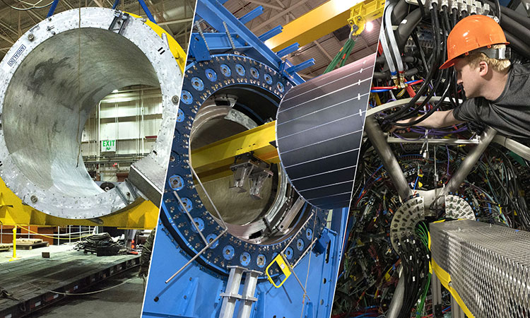 A collage of images from various stages of sPHENIX assembly