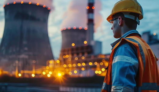 photo of a worker in front of a nuclear power plant