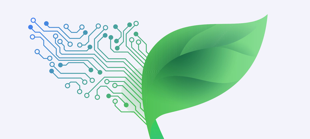 illustration of a plant leaf and a stylized electronic leaf