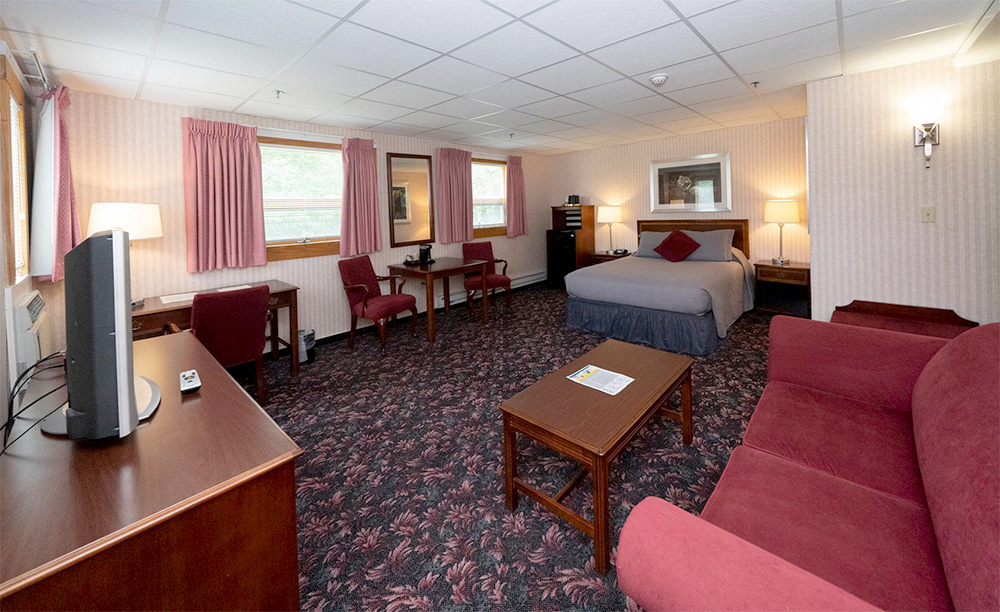 photo of a queen size bed, tables, lamps, and television