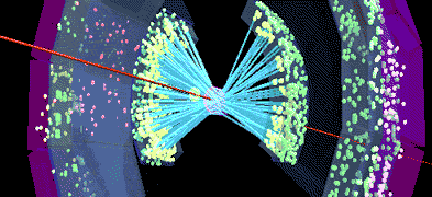 An event display showing particles emerging from collisions