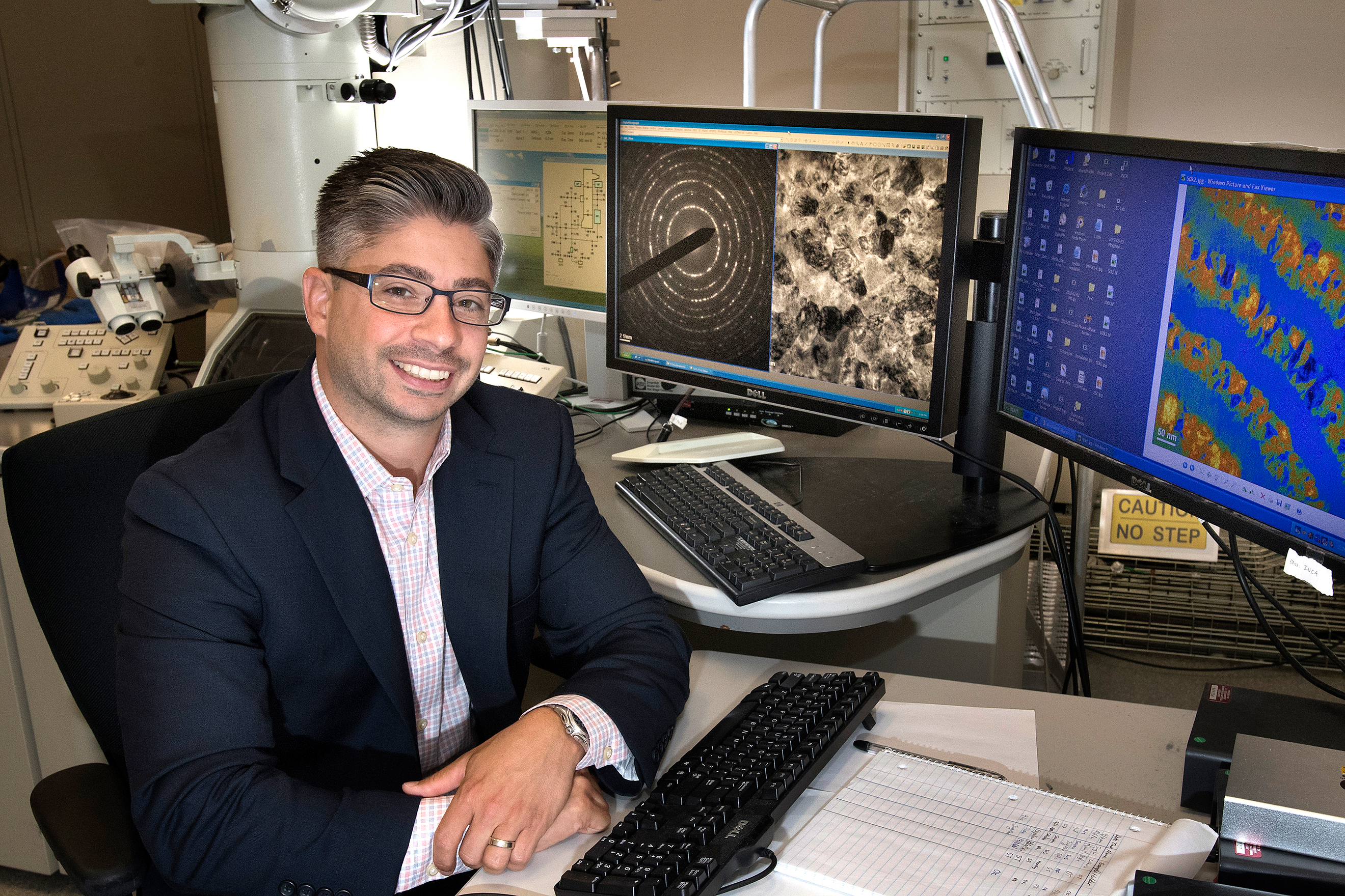 Materials scientist Jason Trelewicz in an electron microscopy laboratory at Brookhaven's Center for Functional Nanomaterials, where he characterizes nanoscale structures in metals mixed with other elements. (BNL.gov)