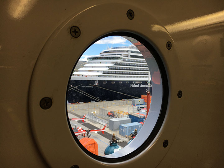 porthole view of cruise ship in Hobart