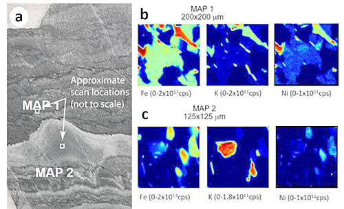 Photo of rock sample and chemical maps