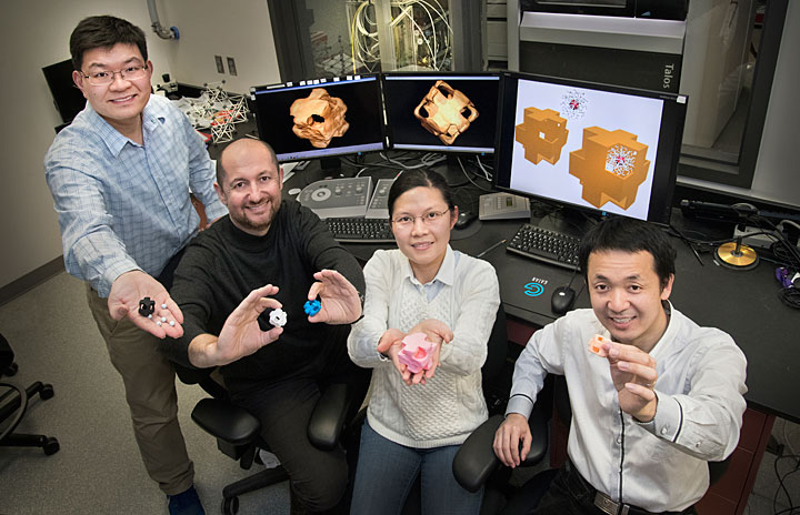 Picture of scientists holding structural models of "nanowrappers"