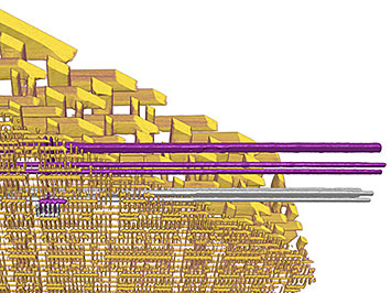 3-D image of the nanosized transistors and wiring (yellow) inside an Intel microchip.