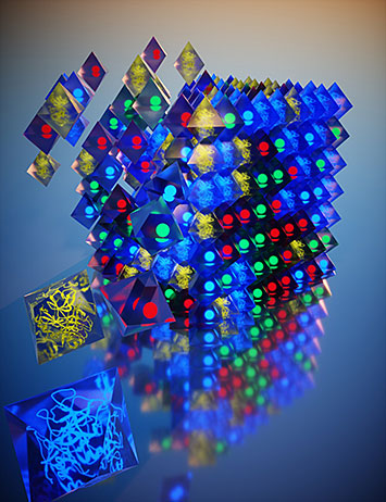 A schematic of the programmable assembly of 3-D ordered nanostructures from material voxels