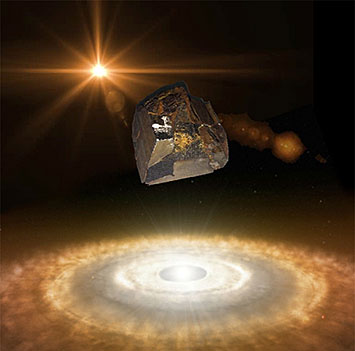 Artistic rendition of a piece of the Mundrabilla meteorite over a protoplanetary nebul