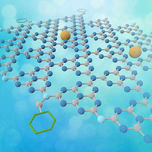 Illustration of a 2D nanosheet with two catalysts