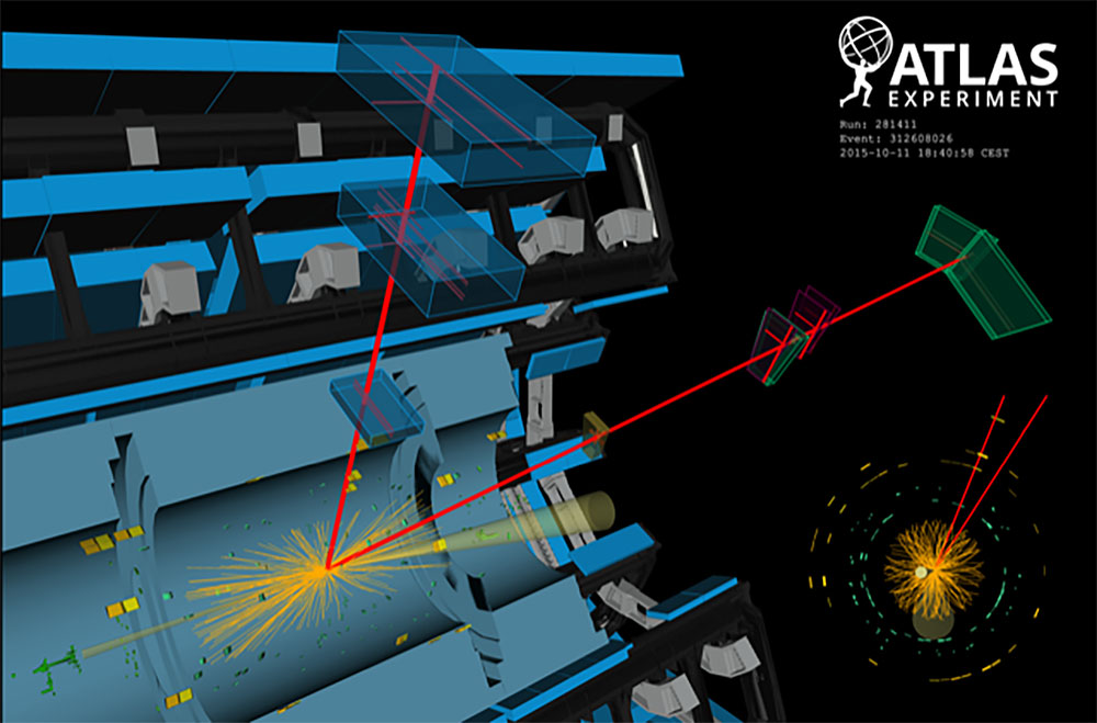 A candidate ATLAS event display of a Higgs boson decay to two muons.