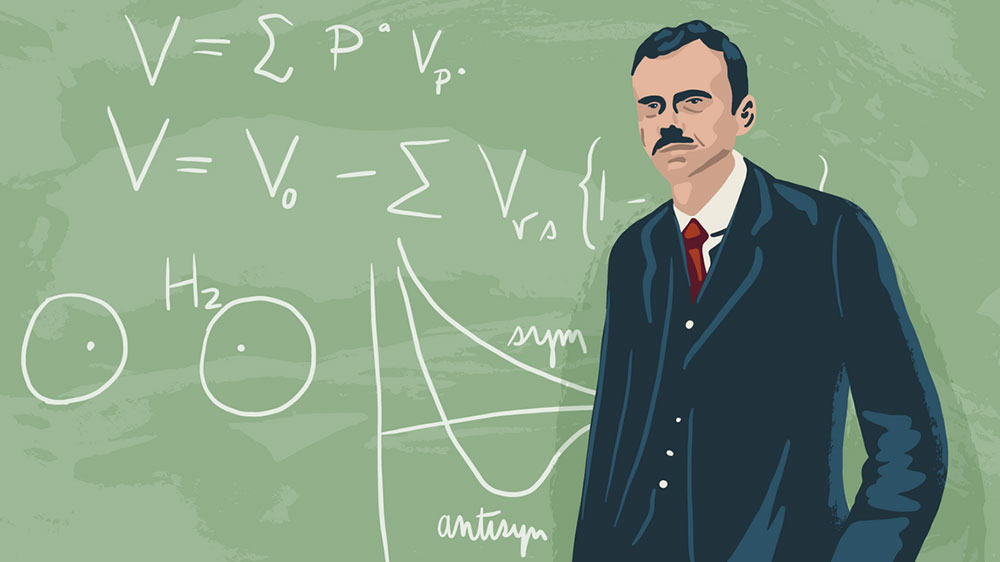 Illustration of Paul Dirac at a chalkboard