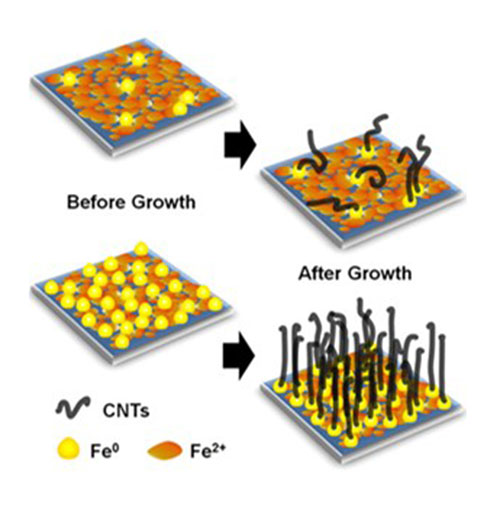 illustration showing how the chemical state of the iron catalyst influences the growth of carbon nan