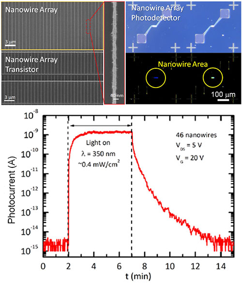 Scanning electron and optical microscope images of a zinc oxide nanowire array, nanowire array trans