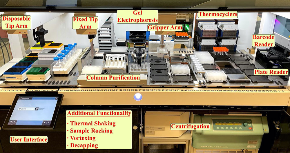 A labeled setup of the robotic liquid handler