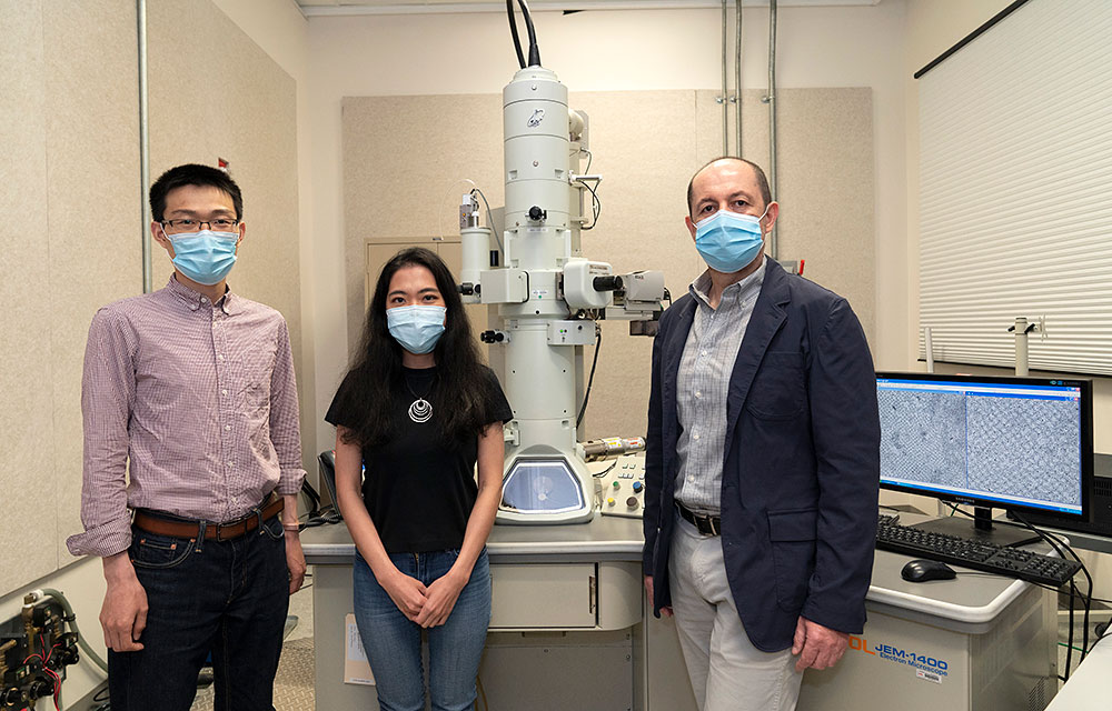 Photo of Honghu Zhang, Shih-Ting (Christine) Wang, and Oleg Gang at the Center for Functional Nanoma