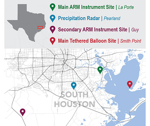 Map showing four locations around Houston, Texas