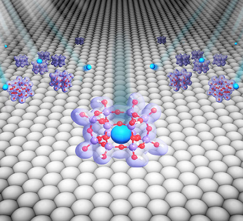 A representation of silica nanocages on a thin film of ruthenium trapping atoms of xenon (blue).