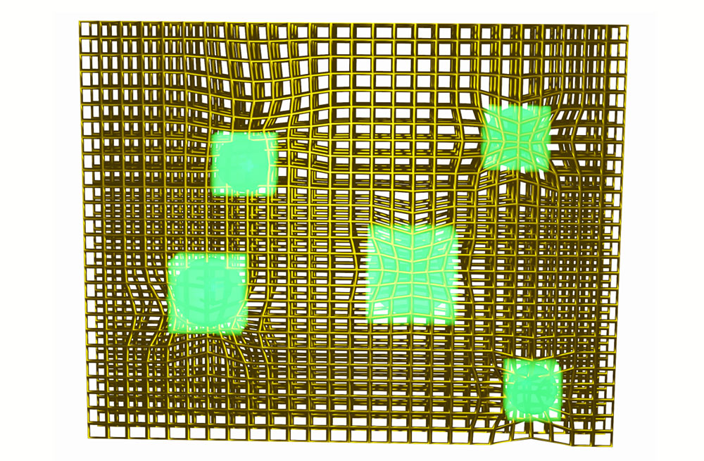 Illustration of light-emitting diodes made from perovskite nanocrystals (green) embedded in a metal-