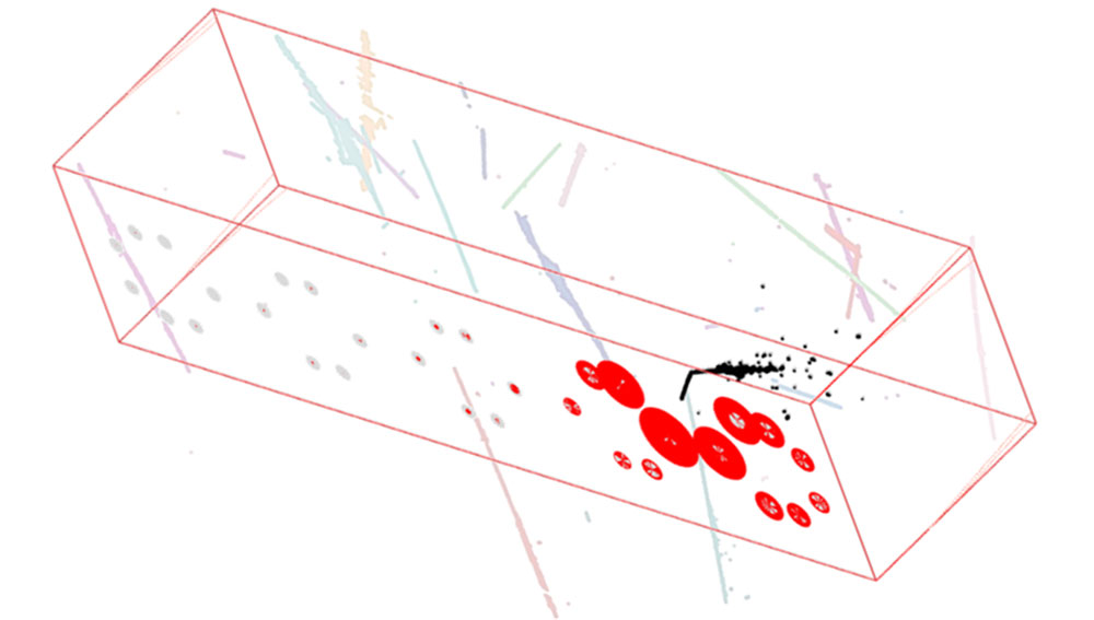 still image of a 3D reconstruction of MicroBooNE data processed by Wire-Cell