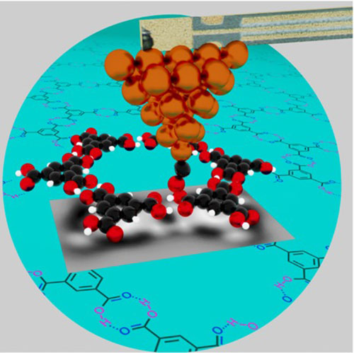 illustration of a high-resolution atomic force microscope probing the chemical properties of hydroge