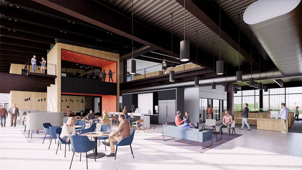 Digital rendering of office workers sitting and tables and walking though open-concept welcome cente