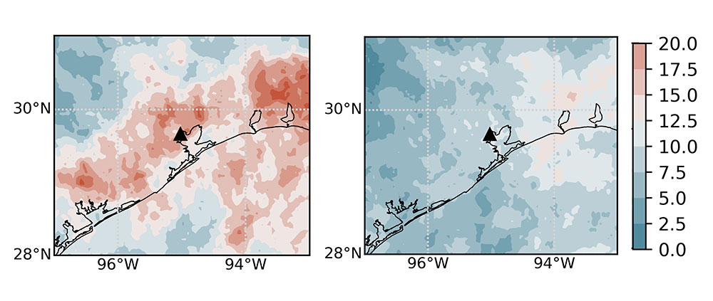 High pressure is shown in red, low pressure is shown in blue. The map on the right shows high-pressu