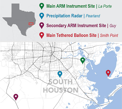 Map marking four instrument sites around Houston: La Porte, Pearleand, Guy, Smith Point