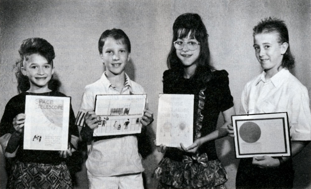 Black and white photo of four children, Greg Fries at right, visiting