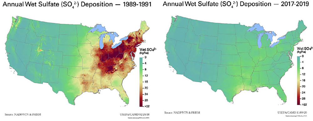 Figure shows sulfate deposition before and after the Clean Air Act amendments