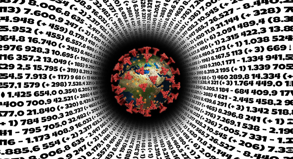 Illustration COVID cell surrounded by statistics