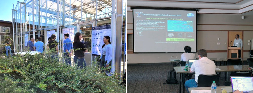 Photo at left shows ModSim outdoor poster session; photo at right shows ModSim presentation