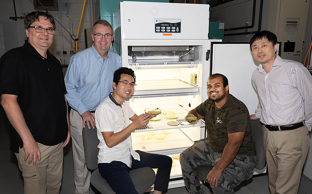 Photo of Jorg Schwender, John Shanklin, Yuanxue Liang, Sanket Anaokar, and Jin Chai next to a chambe