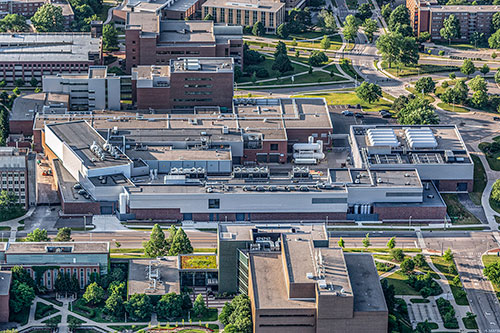 An aerial view shows the Facility for Rare Isotope Beams on the campus of Michigan State University