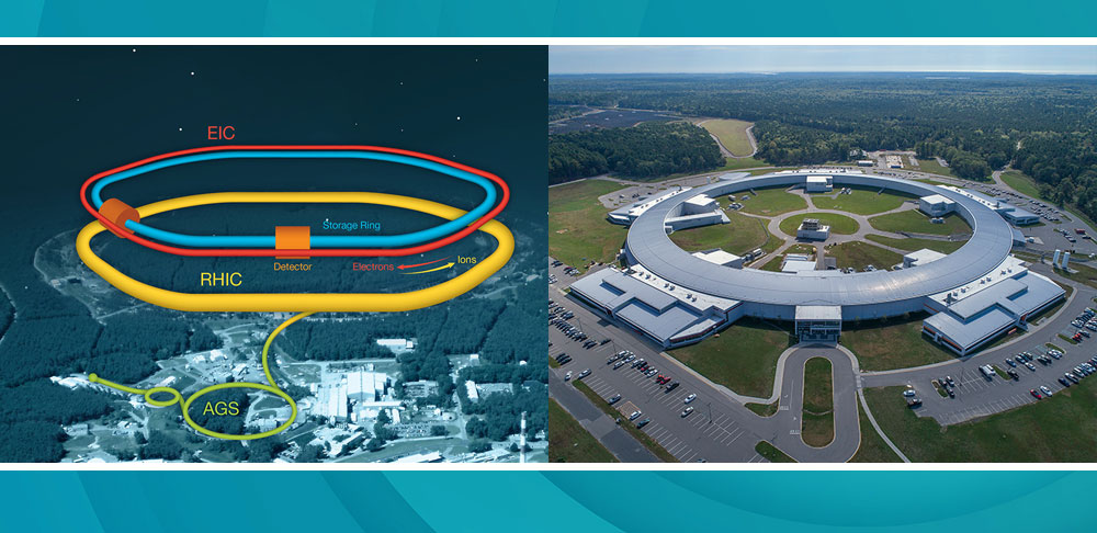 EIC schematic, NSLS-II aerial photo