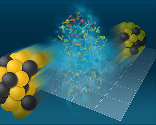 Illustration shows "melting" of proton and neturon (collection of black and yellow spheres