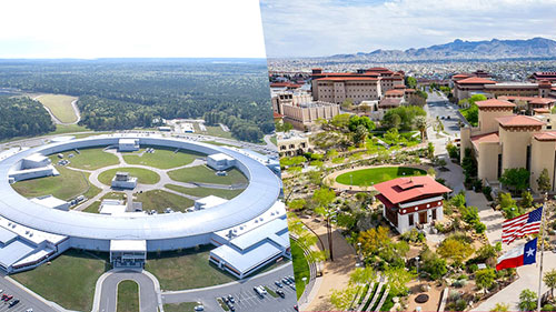 Areial image of NSLS-II ring (right), aerial image of UTEP campus