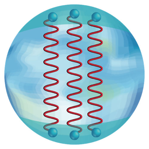 Quarks, shown as blue spheres, lining up with red ripple lines