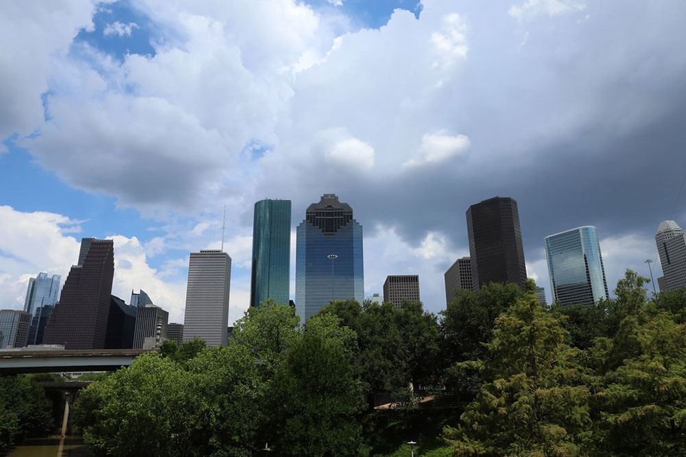Houston skyline covered by clouds