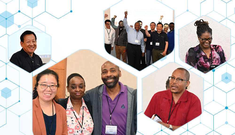 Images of meeting speakers and attendees cropped into hexagons