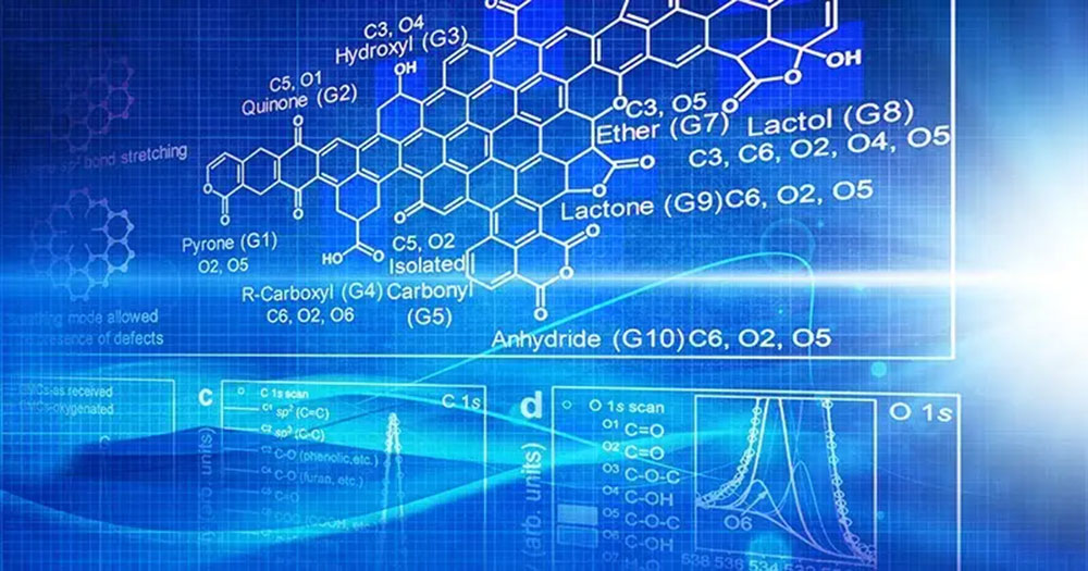 chemical bonds and graphs over a blue gradient grid