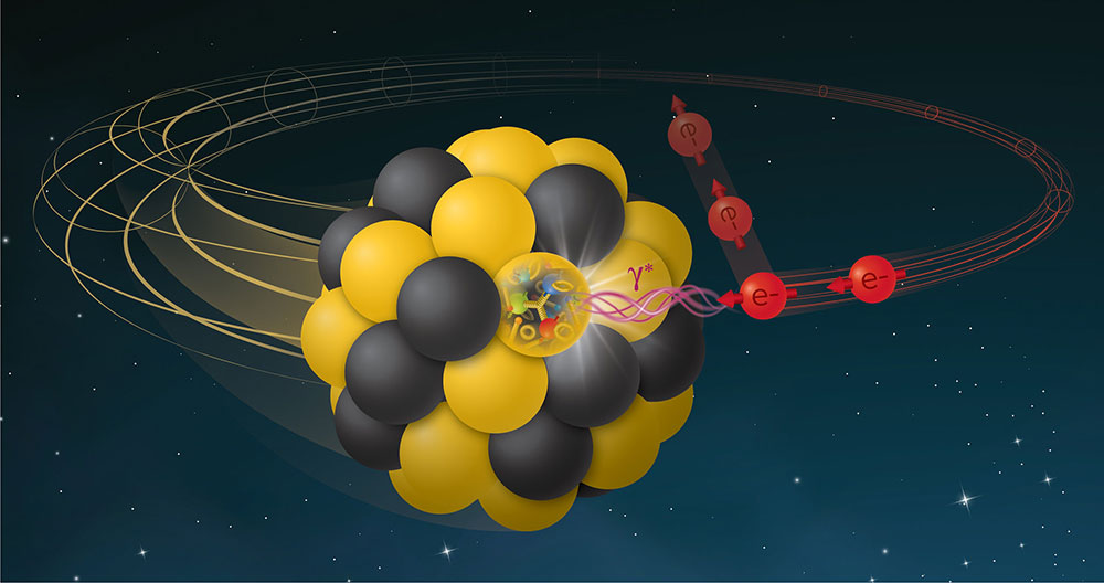 Illustration shows electrons (red spheres)