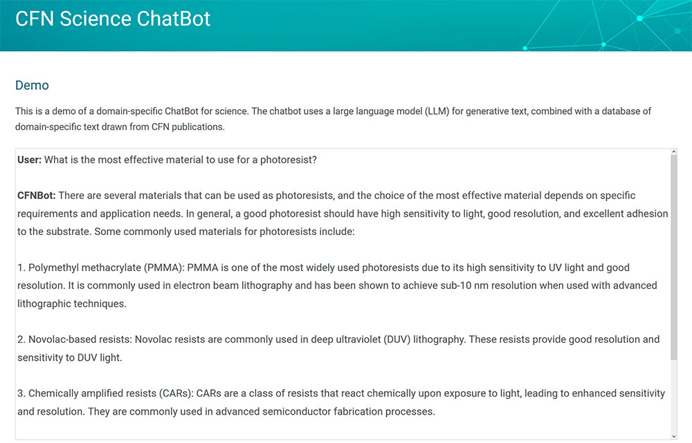 Screenshot of CFN Science Chatbot prompt and response