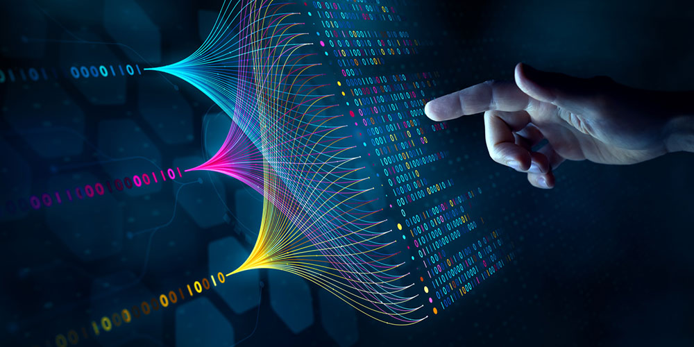 Image of large language models in computer simulation with a human hand pointing.