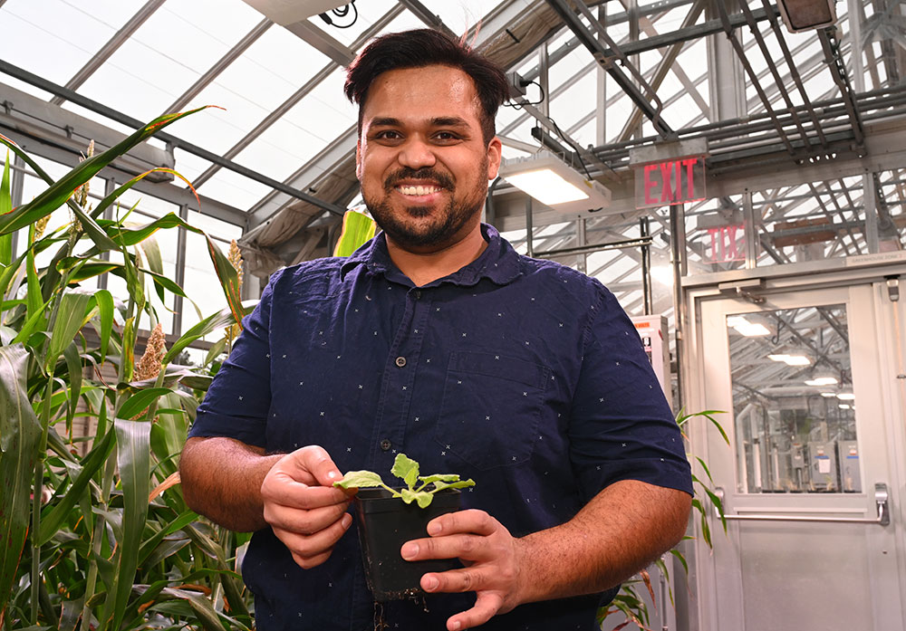 Sanket Anaokar holds a small green plant in a glass greenhouse