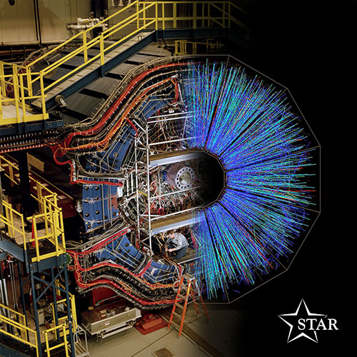 STAR detector shown in a composite image with blue streaks that represent sample particle tracks